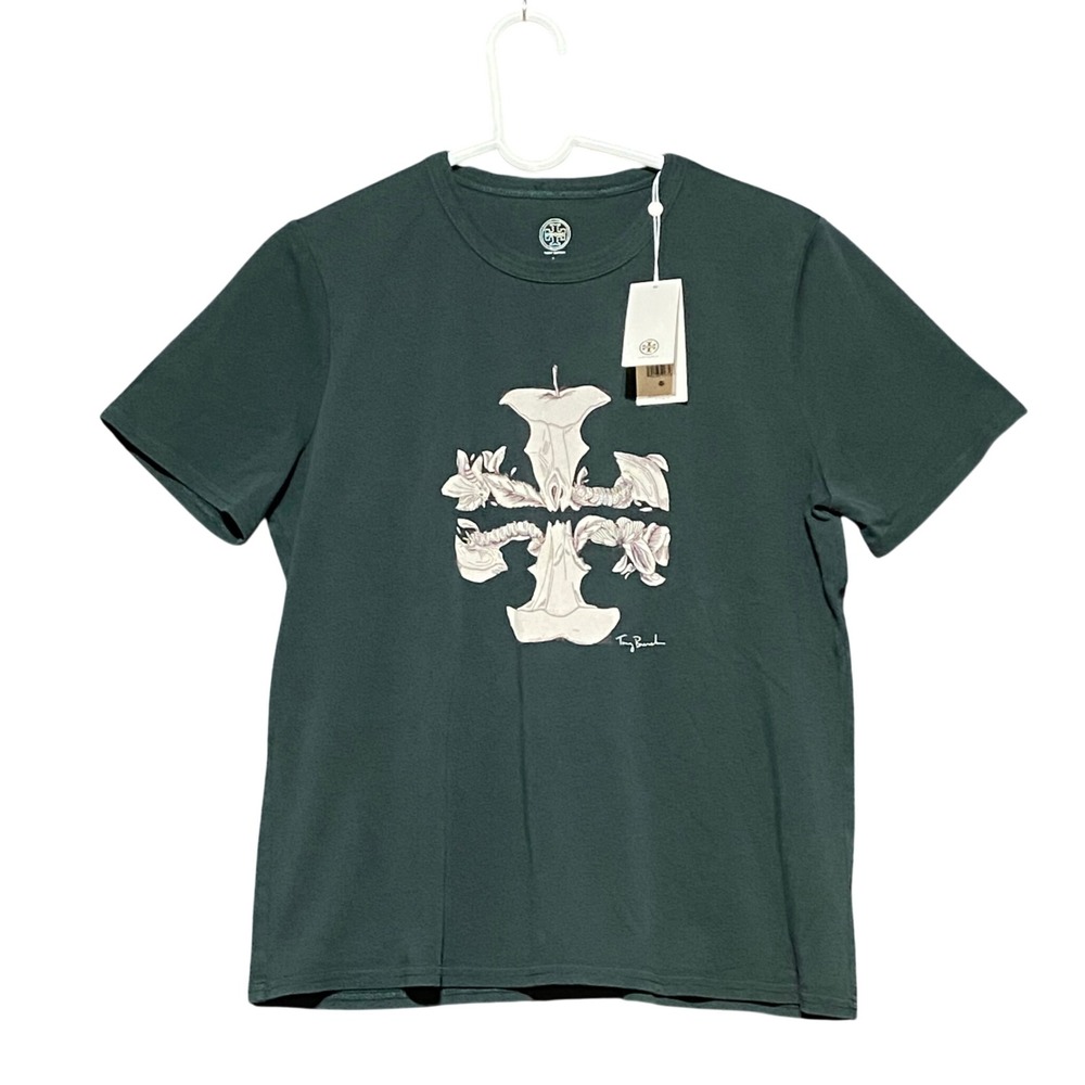 Tory‎ Burch Apple Graphic T-Shirt Large Green Cotton Crew Neck Short Sleeve NWT